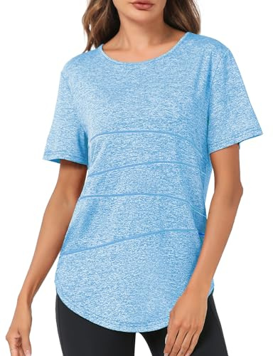 Terecey Tee Shirt Sport Femme Sechage Rapide T-Shirts de Sport Femme à Manches Courtes Tops Sport Col Rond pour Yoga Running Fitness Pilates Bleu XL