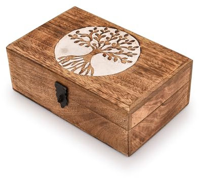 Kimona Scatola portagioie in legno di mango con albero della vita, intagliato a mano, portagioie per donne e uomini (20,3 x 12,7 x 7,6 cm)