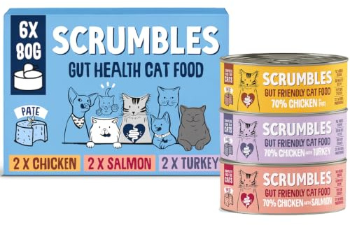 Scrumbles • Wet Cat • Pate • Hypoallergenic • All Lifestages • 2 x Chicken • 2 x Salmon • 2 x Turkey • 6 Tins (80g) • 70% Meat