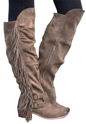 Stivali sopra il ginocchio, da cowboy con frange, stivali western da donna, in pelle scamosciata, stivali lunghi al ginocchio, stivali da equitazione, da lavoro, invernali, cachi, 39 EU