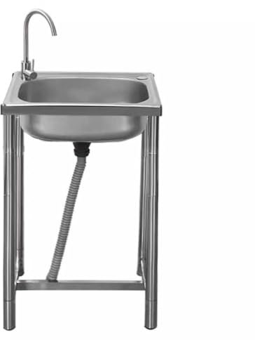 Freistehende Edelstahl Spültisch, Gewerbliche Küchenspüle 1 Becken mit 360°-Wasserhahn und Abtropffläche, Wäschewaschbecken für Garten, Camping, Waschküche