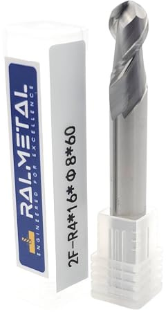 CNC Fräser für Aluminium R4 x 8 x 60 mm - VHM Schaftfräser 45 HRC - Kugelfräser Arbeitslänge 16 mm - Zweischneider Alu Fräser - Fräser Bit für Weichmetalle, Holz und Kunststoffe