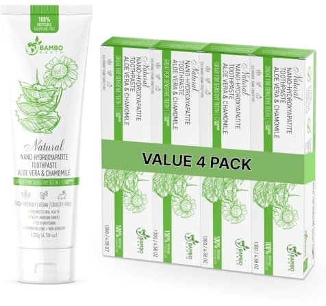 Natural Fluoride Free Toothpaste - Nano Hydroxyapatite, Remineralizing, Sensitive Teeth, Whitening & Zero Waste Tube - Dentist Recommended for Adult & Kids Oral Aloe Vera & Chamomile (4 Pack, Aloe)