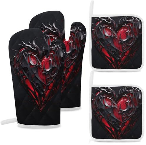 Set di 4 guanti da forno e presine con stampa a cuore rosso e nero, resistenti al calore, guanti da forno extra lunghi e cuscinetti caldi, guanti da cucina antiscivolo, in poliestere, per cucina,