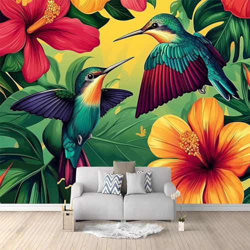 Fotomurale Carta da Parati Fiori Tropicali Uccelli In Volo 200 x 140 cm Fotomurali Murale 3D Poster Gigante Moderna, Carta da Parati Decora per Camera Letto, Soggiorno, Stanza dei Bambini