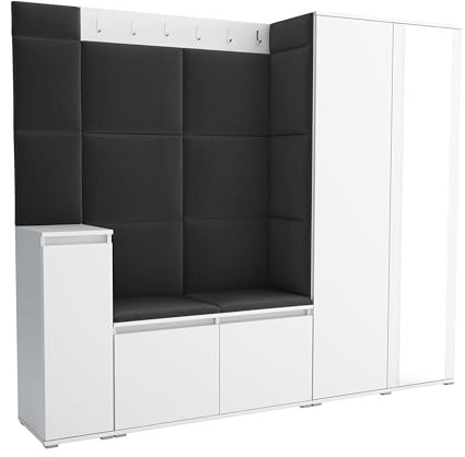 Brent - Garderobenschrank Flur Weiß mit sitzbank 220 cm Breit Luton 8 - Multifunktionale Flurgarderobe Set mit Stauraum und Wandpaneel, Garderobe mit Sitzfläche und Kleiderhaken