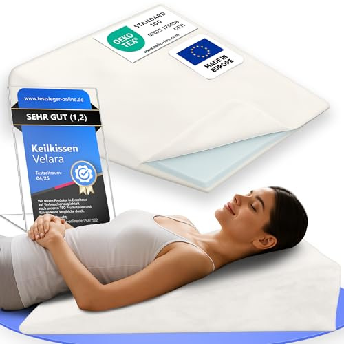 Velara Keilkissen Bett 60 cm breit | Made in Europe | innovatives [2-Schicht-System] | Reflux Kissen zur Schlaferhöhung | Matratzenkeil | Bettkeil | Lesekissen mit weichem, waschbarem Bezug