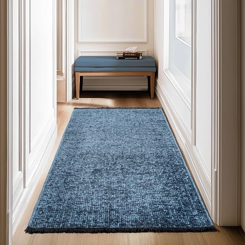 SIMPEX, Baumwolle Teppich Läufer Blau 80x150 cm - Waschbar, Boho-Stil, Vintage Kelim, Kurzflor, rutschfest & Weich, Einfarbig Meliert, Für Küche, Schlafzimmer & Flur
