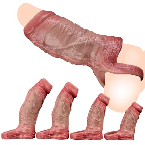 NAIXBTY Realistischer Dildo Penishülle Offener Typ Penis Sleeve Silikon Penismanschetten mit Hodenring Penisvergrößerung Verlängern G-Punkt Extender Extrem Sex Spielzeug Für Männer (Hautfarbe-XL)