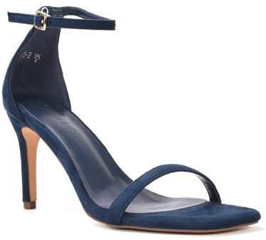 ESSEX GLAM Women's Ankle Strap Sandals Ladies Square Toe Navy Faux Suede Stiletto Mid High Heel Evening Party Shoes Size 7
