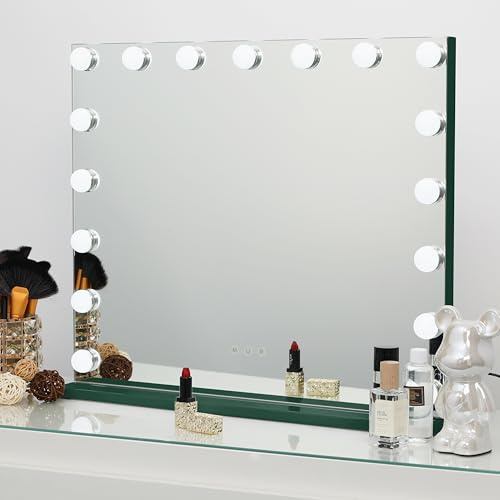 iCREAT Hollywood Schminkspiegel mit 17 dimmbaren Glühbirnen großer Kosmetikspiegel mit Beleuchtung intelligent Touchscreen-Helligkeitseinstellbar Theaterspiegel Tischspiegel 60X50 cm Grün