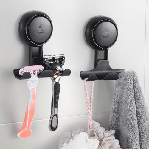 LEVERLOC Lot de 2 supports de rasoir pour douche, crochets à ventouse réutilisables pour serviette, peignoirs, rasoir, boule de bain, crochet de douche mural sans dommages, support de rasoir, support