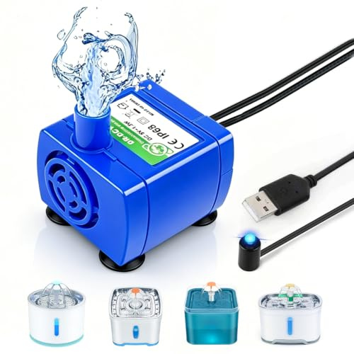 CYTGOUPER Katzenbrunnen Pumpe, Ultraleise Ersatzpumpe Katzenbrunnen, 5V 1.5W Geringer Stromverbrauch Katzen Brunnen Pumpe mit 5.9ft Stromkabel, 2.4l LED Beleuchtung für Haustiere