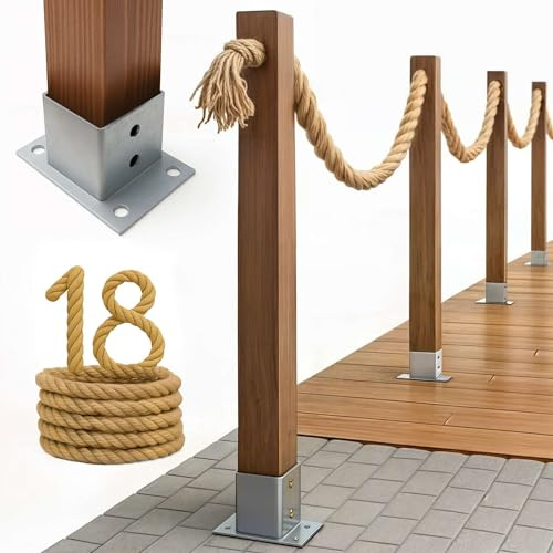 Kit de Clôture Nautique en Corde de Style Marin - Garde-Corps de Jardin avec Poteaux et Ancrages à Visser - Longueur 18m, Hauteur 1m - Coloris Naturel et Anthracite