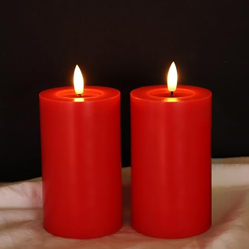 LUCOZA 2er Set Flackernde Flammenlose LED Kerzen mit Timer für Innen, 12,5 cm Batteriebetriebene LED Echtwachskerzen, Realistische Stumpenkerze mit 3D-Dochtlich, Rot