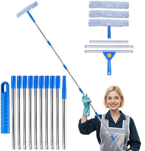 3.8m Window Cleaning Equipment Cleaner Tool with Long Extendable Pole, 35cm Scrubber(3 Replaceable Sleeves), 3 Squeegees(35cm *2 & 25cm *1), Ideal Cleaning Kit for High Windows, Solar Panel, Car, RV
