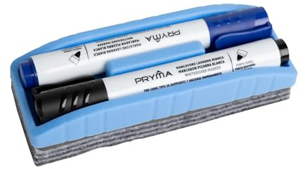 Pryma Cancellino per Lavagna Bianca 14x5 cm + 2 Pennarelli Cancellabili (Blu e Nero) – Set Accessori Cancelleria Ufficio, Scuola, Casa