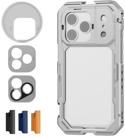NEEWER Phone Cage Compatible with iPhone 17 Pro, Quick Release Video Rig Stabilizer Accessories with 67mm Filter Ring, 17mm Lens Backplate, T Mount Adapter, 4x Camera Control Cap, PA143 (Silver