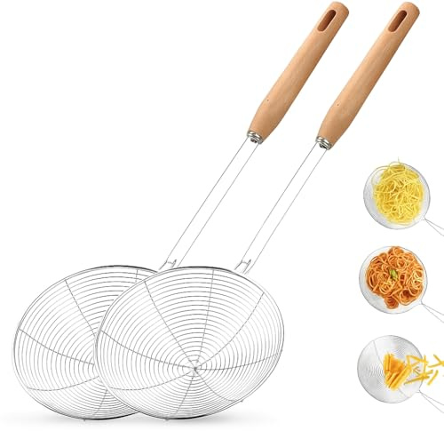 AEX Spider Strainer Wire Skimmer Ladle Pasta Strainer Slotted Spoon Stainless Steel Kitchen Cooking Utensils Strainers with Wooden Handle (7.0 inch_Pack of 2)