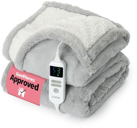 LIVIVO Premium Electric Heated Blanket 130x160cm - Soft Faux Fur & Sherpa Electric Throw with 10 Heat Levels, 9-Hour Timer, Auto Shut-Off & Overheat Protection, Machine Washable Winter Blanket - Grey