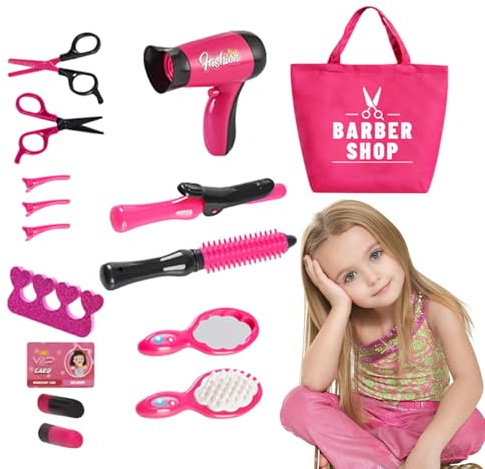Kids Role Play Hair Salon Kit – ABS 21.5x14.5x9.5cm | Portable Makeup & Ha-ir Styling Pretend Play Set With Carry Case | Girls Ha-ir Accessories Gift Set For Home Kindergarten Entertainment