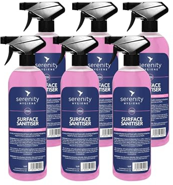 Serenity Hygiene Antibacterial Surface Sanitiser - Multipurpose Disinfection Spray - Food Safe Vegan Friendly Formula - Great for Kitchens, Bathrooms and Other Hard Surfaces - 1 Litre (Pack of 6)