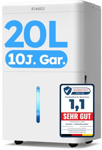 Kresico xWolei Luftentfeuchter elektrisch 20L/24h, Entfeuchter elektrisch 39dB, Raumentfeuchter für Räume ca. 150m³/50m², mit Ablaufschlauch, Timer, Filter, auto Abtauen, Kältemittel R290, 10 J. Gar.