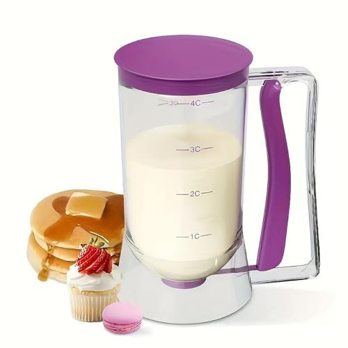 900ml Teigspender,Teigspender Teigportionierer,Pfannkuchenteigspender,Kuchen Messbecher Dosierer,Cupcake Pfannkuchen Waffel Messbecher Küche Backwerkzeug (lila)