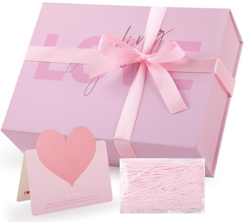 Manlyee Rosa Geschenkbox, Geschenkboxen für Presents with Lids/Band/Papier Grußkarte, 36 * 19 * 8cm Rectangle Collapsible Party Favor Box mit für Hochzeit, Geburtstag, Muttertag - LOVE