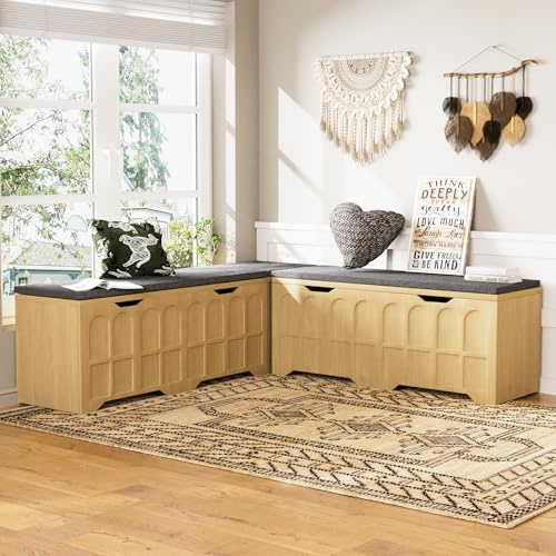 TEBERTFTS L Shaped Corner Bench with Storage, Breakfast Nook Bench, 63 Corner Dining Bench with Hidden Storage, Kitchen Bench Seating for Entryway, Dining Room (Natural)