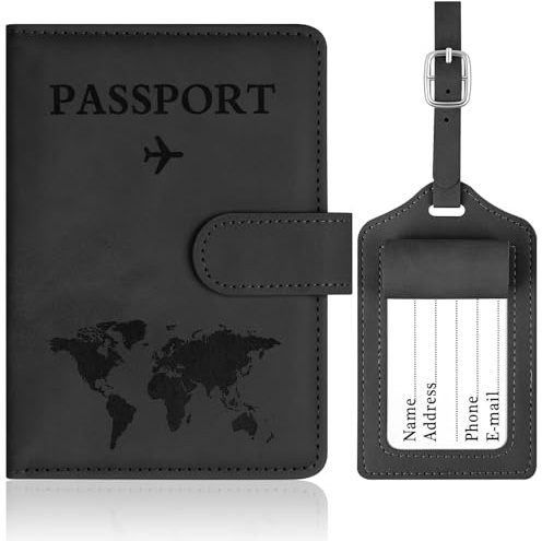 OFFCUP Reisepasshülle und Kofferanhänger Set, Kunstleder Passport Hülle | Passhülle RFID-Blocker Passport Cover für Damen und Herren Reisepass Hülle, Travel Passport Holder für Reisedokumente