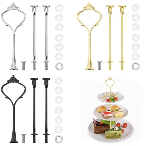 BaZuyunMd 3 Stücke Etageren Stangen Set, Etagere Stangen Set aus Metall, mehrstufiger Präsentationsständer für Cupcakes, Desserts & Obst (Gold, Silber, Schwarz)