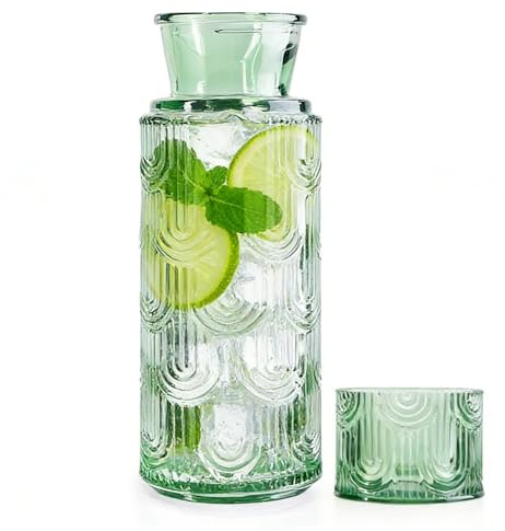 BUERPINKING Juego de jarra de agua para mesita de noche con vaso, juego de taza de cristal para enjuague bucal, jarra de agua de cristal con un patrón para habitaciones de invitados, salón (verde)