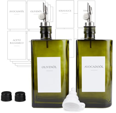 Esdallina Olivenöl-Spenderflasche für die Küche mit Etiketten 500 ml Kochessig-Spenderflaschen-Set Glas-Saucebehälter mit Etiketten, Pumpen, Trichter, Verschlüssen
