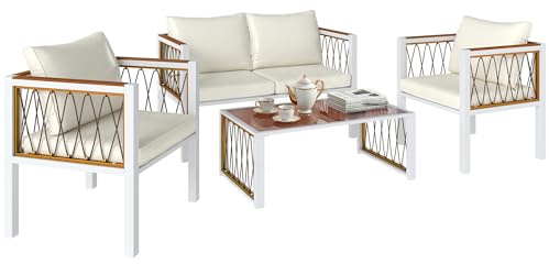 Outsunny Gartenmöbel Set 4-Teilig Polyrattan für 4 Personen Cremeweiß