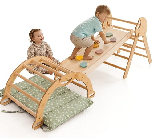 Goodevas Estructura de Escalada 5 en 1 para Niños - Escalera en Triángulo, Arco de Escalada, Balance Board y Cojín, Estructura de Escalada Montessori, Gimnasio de Madera para Niños de 1 a 3 Años
