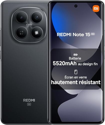 XIAOMI Smartphone REDMI Note 15 5G, 8 + 256 Go, Noir, 6,77, 1080 × 2392 Pixels, Appareil Photo 108 MP, Charge Rapide 45 W, IP66, Snapdragon 6 Gen 3, avec Chargeur