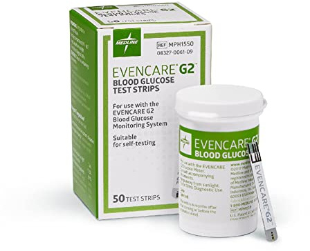 Medline EvenCare G2 Blood Glucose Test Strips, Self-testing with G2 Monitoring System, 6 Second Results, 50 Count System, 6 Second Results, 50 Count