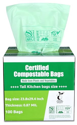 Primode Compostable Bags 13 Gallon, Tall Kitchen Trash Bags, 100 Count, Extra Thick 0.87 Mil. ASTMD6400 Food Scrap Yard Waste Compost Bags, Certified by BPI and TÜV AUSTRIA