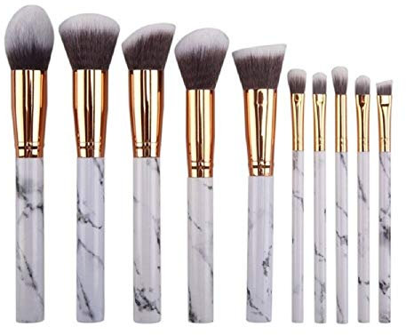 Juego de brochas de maquillaje – 10 pinceles de diferentes tamaños – Profesionales – Delineador – Cejas – Sombra de ojos – Base de maquillaje – Colorete – Cara – Blush – Efecto mármol – Marmolado