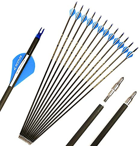 Diamètre Intérieur 6.2mm .244 Longueur Personnalisée Flèche Carbone 22-31 Pouces Spine 350 pour Entraînement Chasse avec Encoche Rotative pour Arc à Poulies et Arc Classique Adulte Jeunesse 12pcs