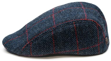 Sterkowski Norte | Harris Tweed Schirmmütze für Herren und Damen | Winter Schiebermütze Flatcap Newsboy Cap Cabrio Ohrenklappen Schlägermütze Schildmütze Gatsby Wolle Irishe Blau/Rot 57 cm