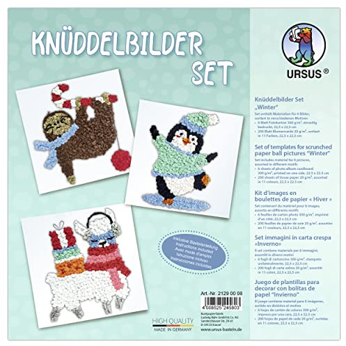 Ursus 21290008 - Knüddel-Bilder Winter, Bastel-Set für Kinder ab 3 Jahren, mit 6 Motiv-Vorlagen und farbigem Seidenpapier, zum Basteln von Bildern aus Papierkugeln