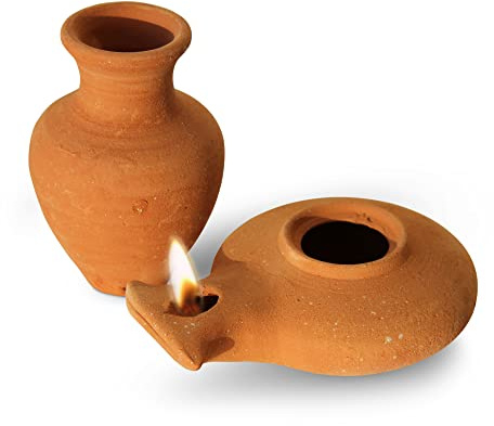 Biblical Herodian Clay Oil Lamp with Jar - Authentic Terracotta Replica from Holy Land Archaeological Finds - Handmade Christian & Jewish Faith Artifact