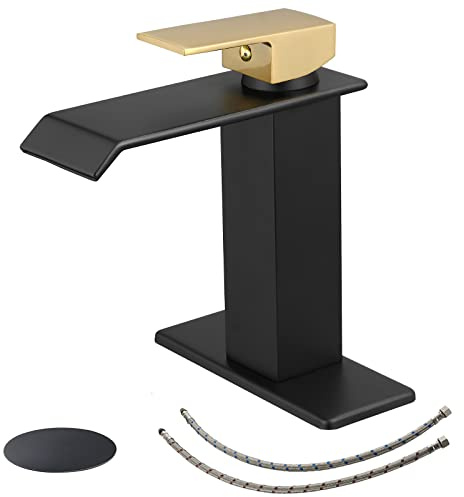 BWE Waterfall Bathroom Faucet Black and Gold Modern Single Handle Bathroom Sink Faucet Vanity Lavatory Washbasin RV Mixer Tap Commercial with Pop Up Drain and Deck Plate for Sink 1 or 3 Hole
