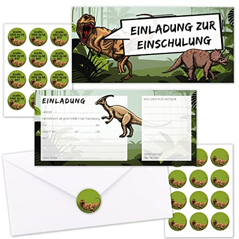 younikat 10 Einladungskarten Dinosaurier mit Umschlägen DIN Lang - dv1115 | mit Umschlägen, mit Aufklebern, beschreibbare Rückseite, Geburtstag