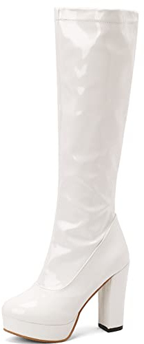 CuteFlats Botas altas hasta la rodilla para mujer con tacón de bloque superalto y punta redonda, Blanco, 38 EU