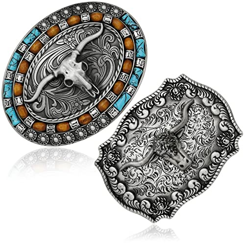 RechicGu 2 Pieces Turquoise Long Horn Bull Belt Buckles Western Cowboy Belt Buckle for Men Women Vintage Silvery, 2 Styles