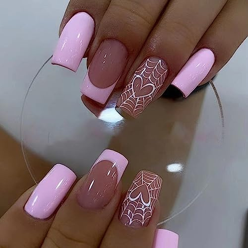 Ceboic Halloween Künstliche Nägel Sarg Mittel Rosa Französische Fingernägel Zum Aufkleben Liebe Spinnennetz Süße Designs Acryl Full Cover Kunstnägel Press on Nails für Frauen und Mädchen