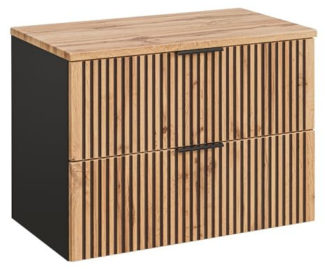 Lomadox Waschtischunterschrank 80 cm Badezimmer Unterschrank mit Waschtischplatte für Aufsatzwaschbecken anthrazit mit Eiche Nb. schwarz gerillt 80,6x59,2x46,5 cm (BxHxT)